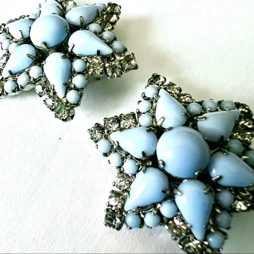 Vintage Designer LaRel Rhinestone Earrings Baby Blue Milk Glass Stars Ear Clips